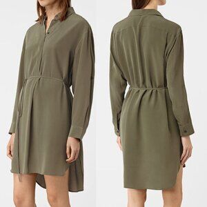 All Saints - Green Silk 'Alex' Collared Mini Shirt Dress - size 8